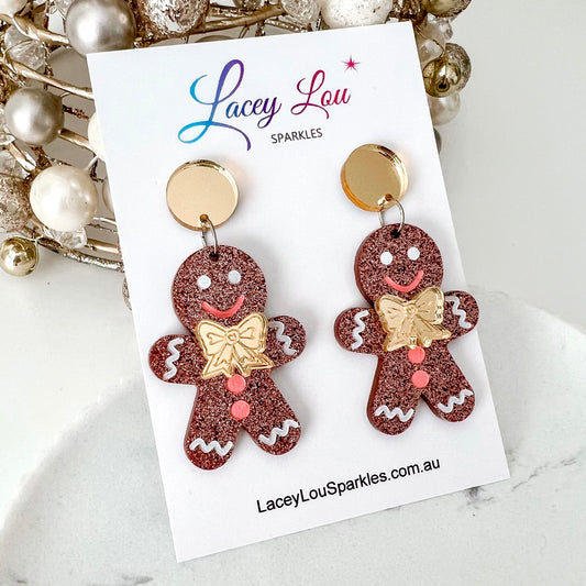 Large Gingerbread Man Christmas Dangle Earrings - Lacey Lou Sparkles