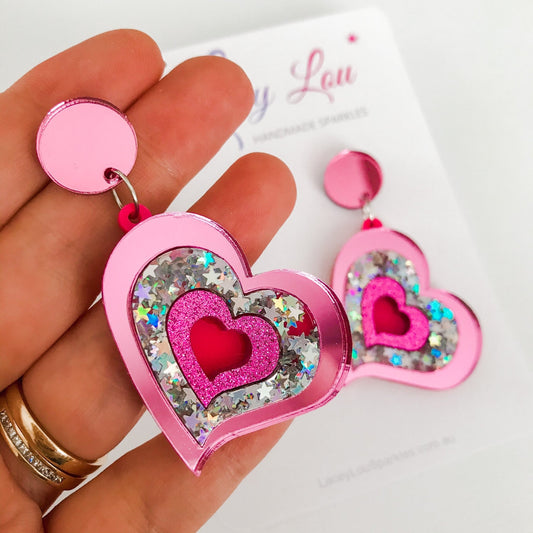 Large Pink Heart Dangles - Fuchsia Glitter Earrings - Lacey Lou Sparkles