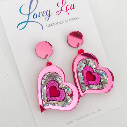Large Pink Heart Dangles - Fuchsia Glitter Earrings - Lacey Lou Sparkles