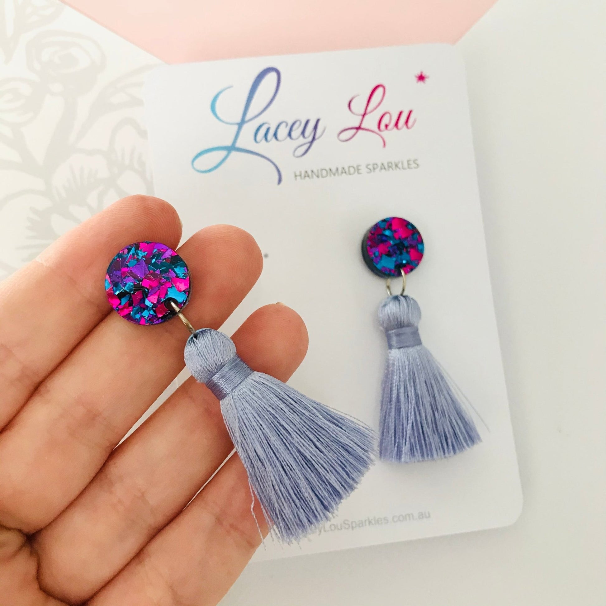 Large Silk Tassel Earring - Dusty Blue Tassel - Lacey Lou Sparkles
