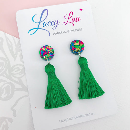 Large Silk Tassel Earring - Green - Lacey Lou Sparkles