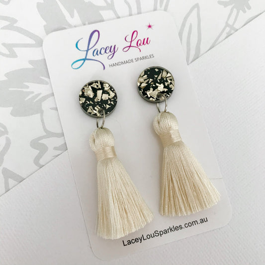 Large Silk Tassel Earring - Ivory - Lacey Lou Sparkles