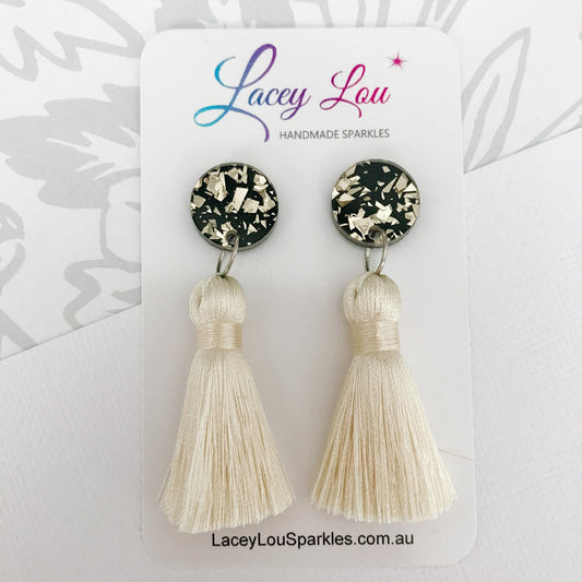 Large Silk Tassel Earring - Ivory - Lacey Lou Sparkles