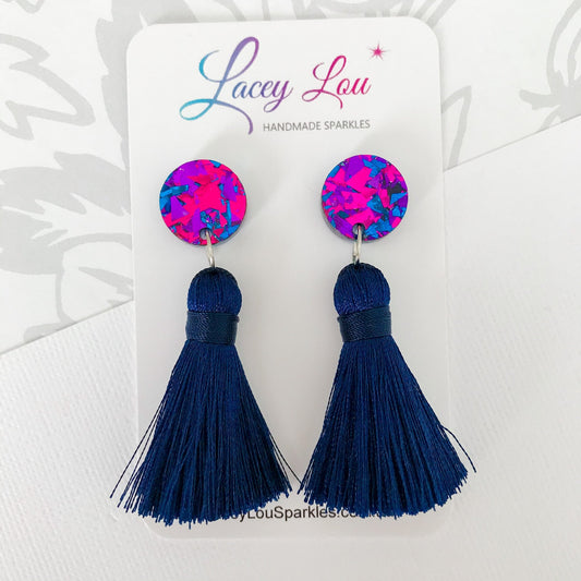 Large Silk Tassel Earring - Navy Blue - Lacey Lou Sparkles