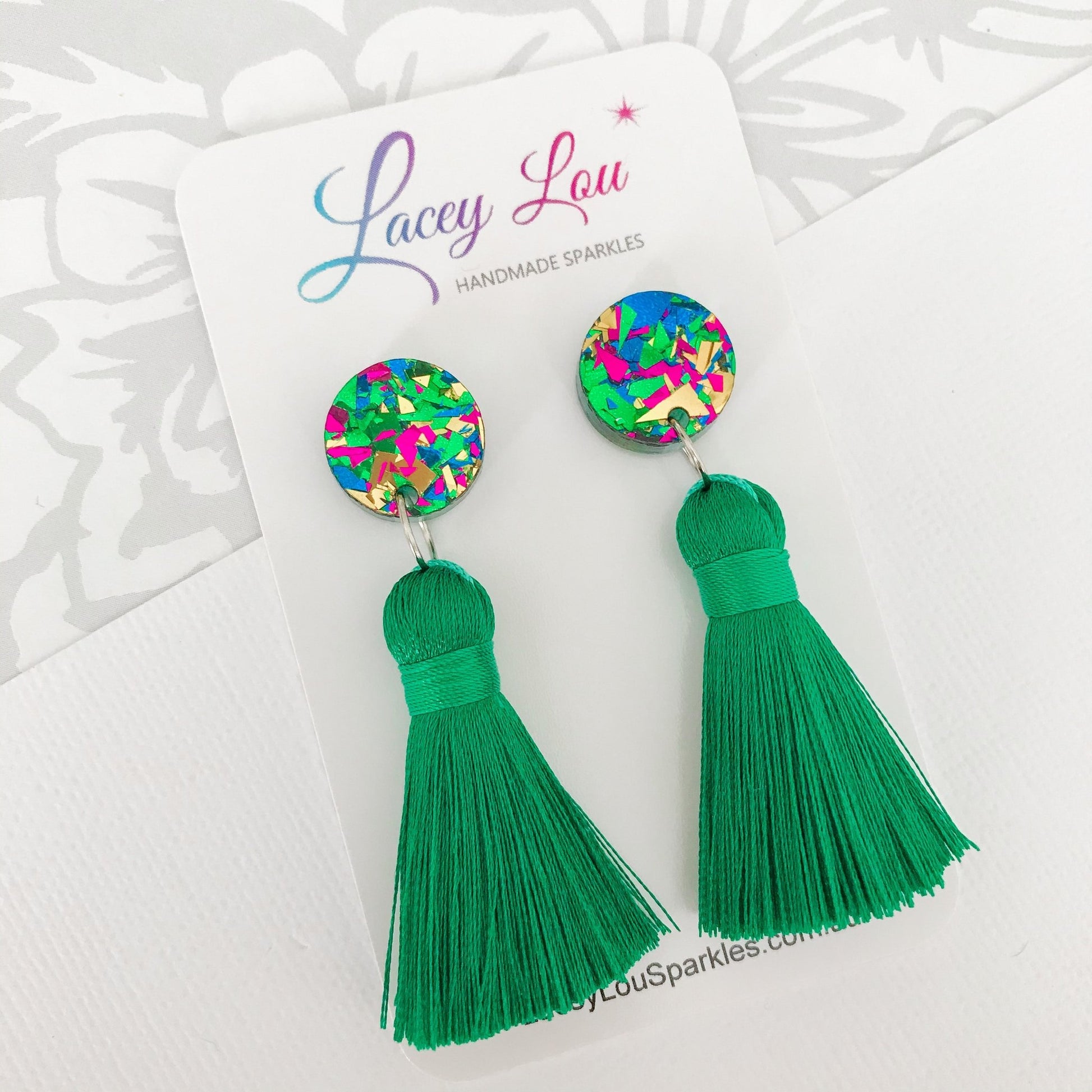 Large Silk Tassel Earrings - Teal Green - Lacey Lou Sparkles
