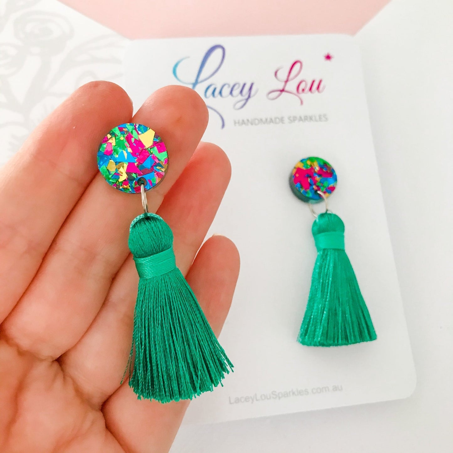 Large Silk Tassel Earrings - Teal Green - Lacey Lou Sparkles