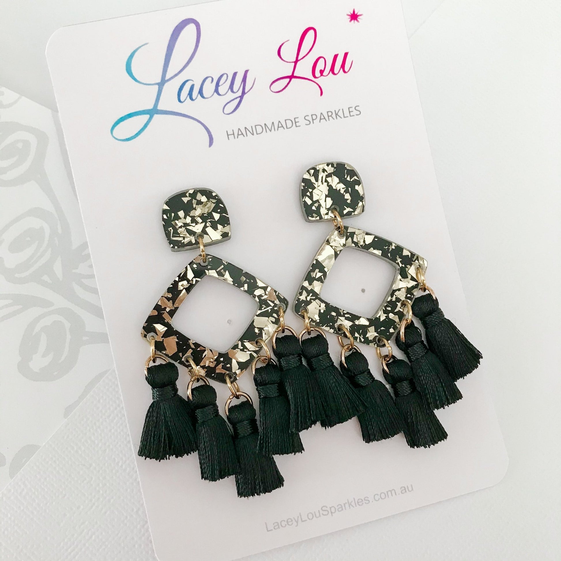 Large Tassel Earrings - Black and Gold Statement Dangle - Lacey Lou Sparkles