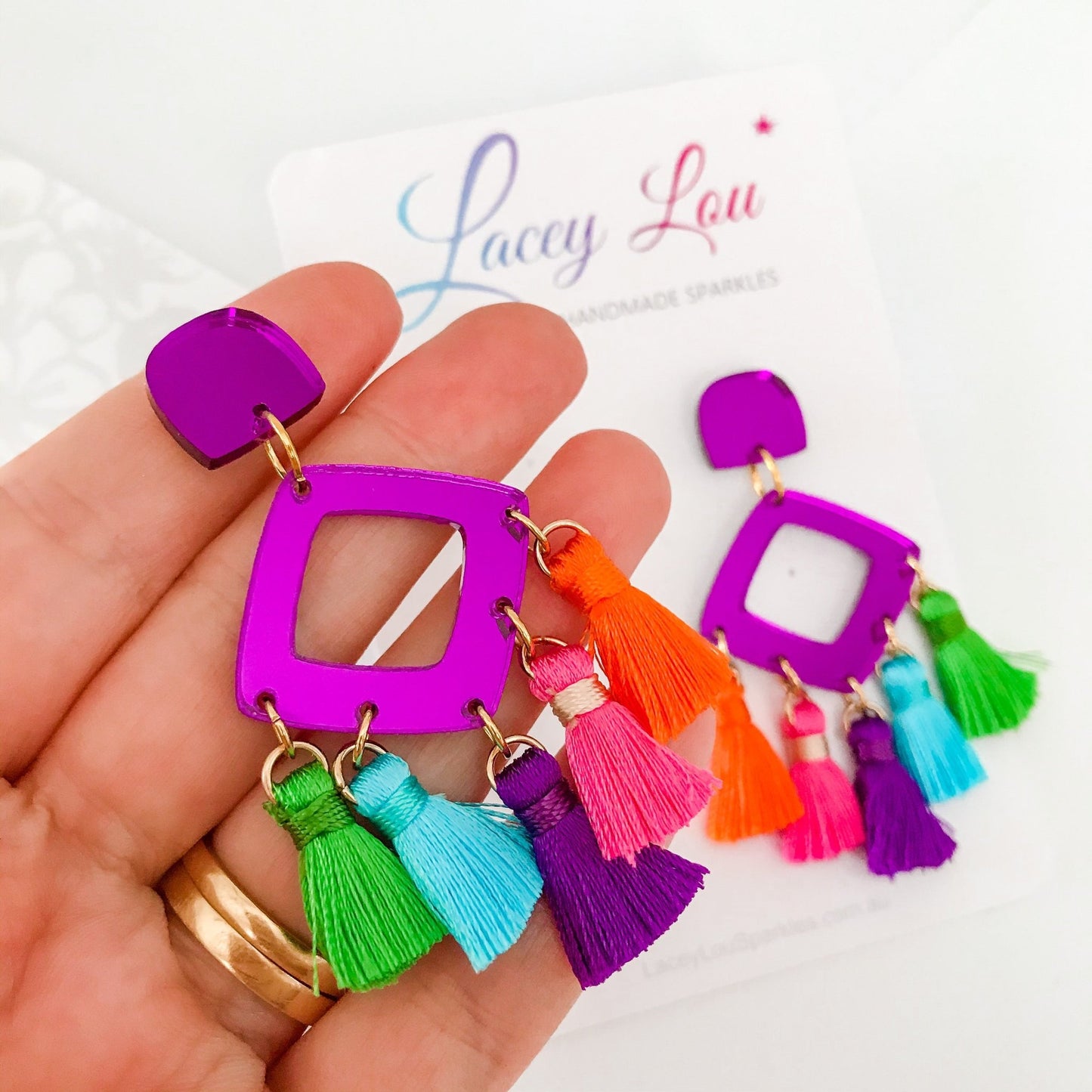 Large Tassel Earrings - Rainbow Tassel Statement Dangle - Lacey Lou Sparkles