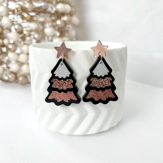 Large Tiered Christmas Tree Dangle Earrings - Black Ombre - Lacey Lou Sparkles