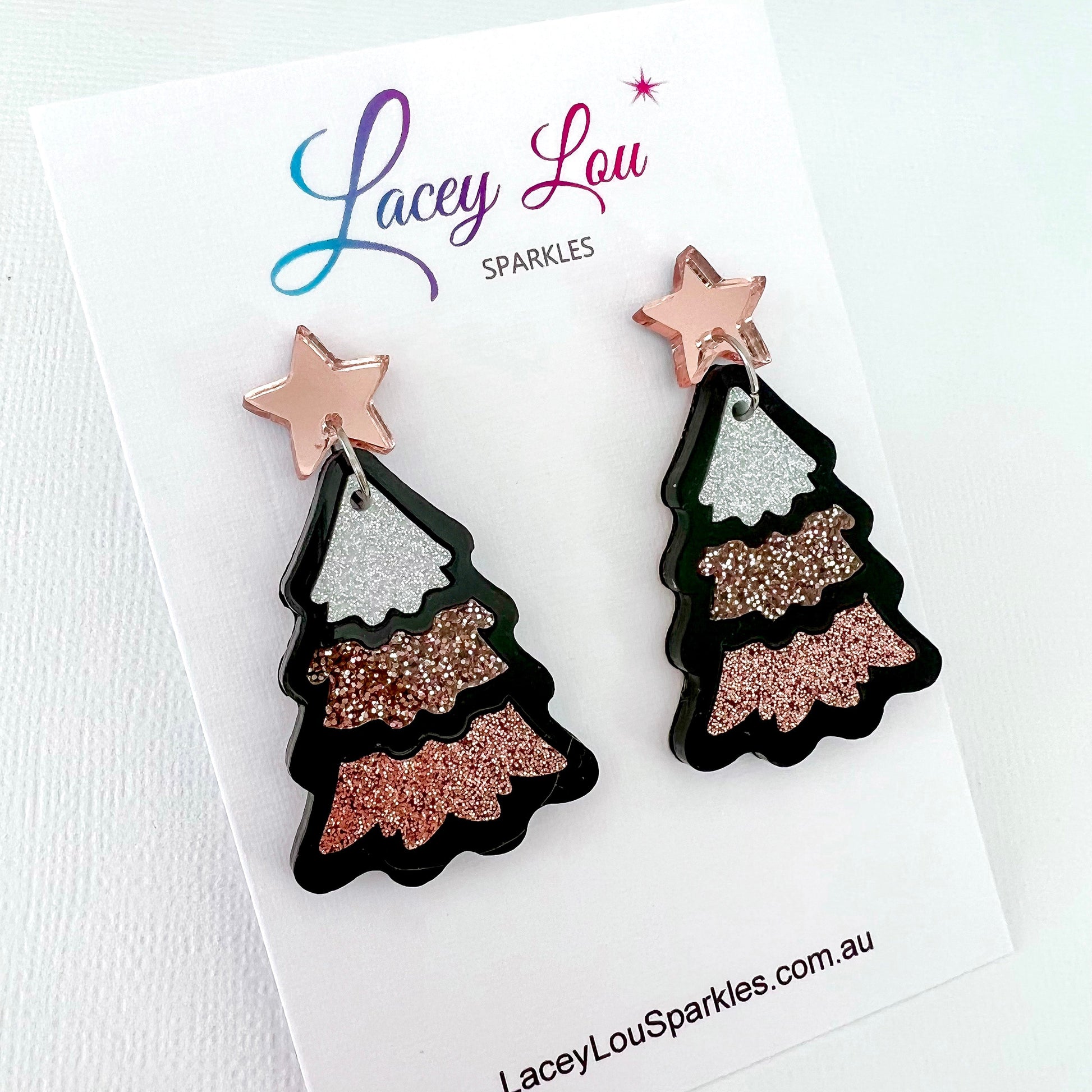 Large Tiered Christmas Tree Dangle Earrings - Black Ombre - Lacey Lou Sparkles