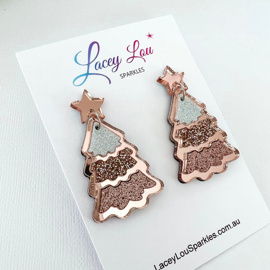 Large Tiered Christmas Tree Dangle Earrings - Rose Gold Ombre - Lacey Lou Sparkles