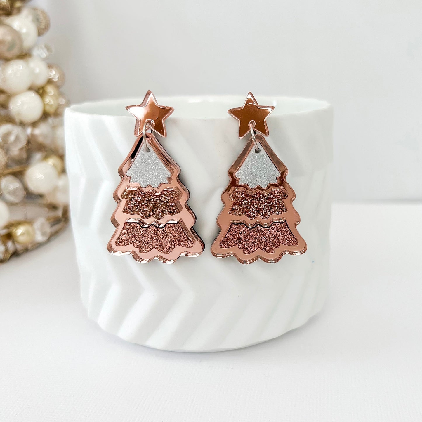 Large Tiered Christmas Tree Dangle Earrings - Rose Gold Ombre - Lacey Lou Sparkles