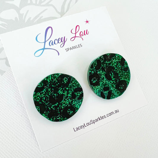 Leopard Print Studs - Deep Green Acrylic Glitter - Lacey Lou Sparkles
