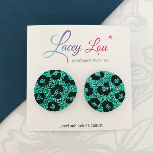 Leopard Print Studs - Emerald Green Glitter - Lacey Lou Sparkles