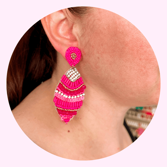 Long Fuchsia Pink Beaded Leaf Statement Earrings - Lacey Lou Sparkles