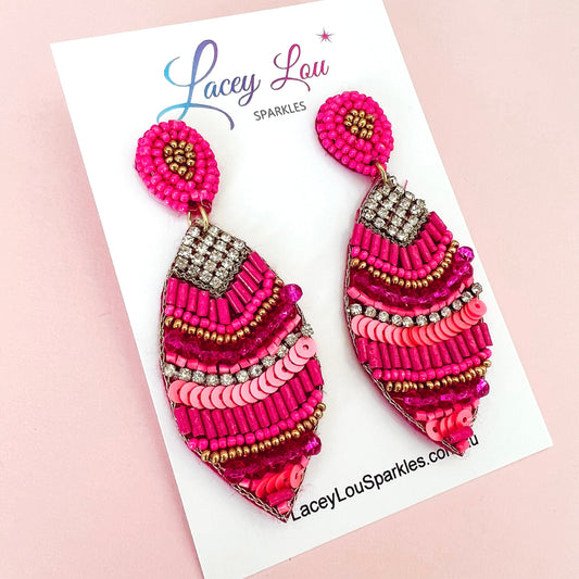 Long Fuchsia Pink Beaded Leaf Statement Earrings - Lacey Lou Sparkles