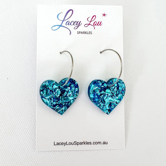 Love Heart Hoop Earrings - Baby Blue Acrylic Dangle - Lacey Lou Sparkles