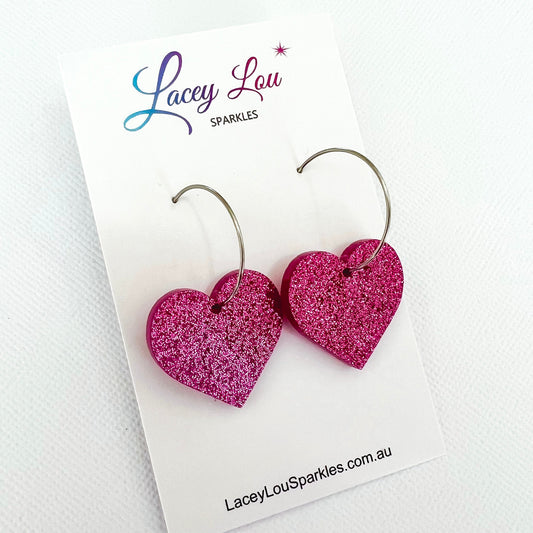 Love Heart Hoop Earrings - Fuchsia Acrylic Glitter Dangles - Lacey Lou Sparkles