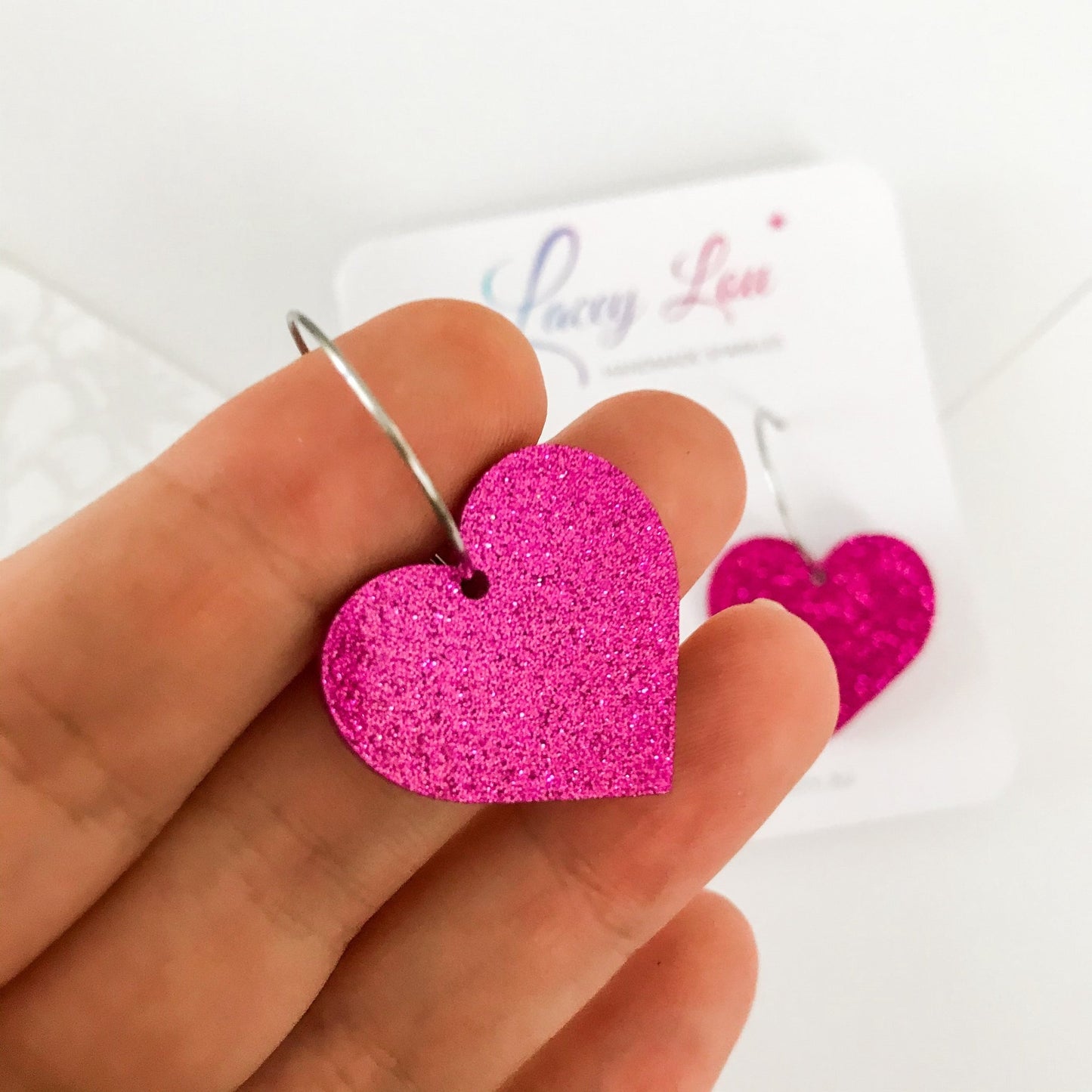 Love Heart Hoop Earrings - Fuchsia Glitter - Lacey Lou Sparkles
