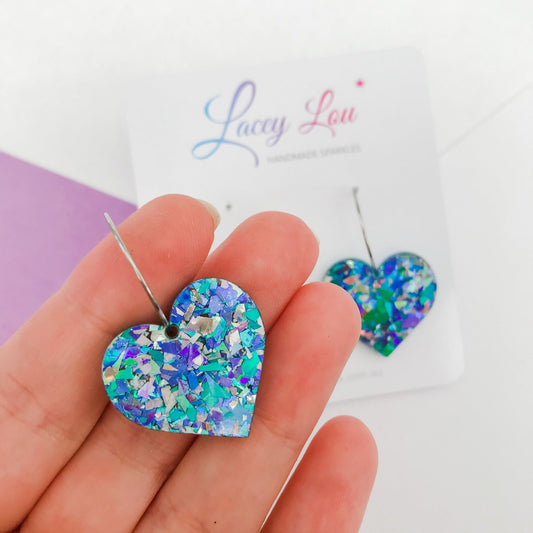 Love Heart Hoop Earrings - Ice Blue Glitter - Lacey Lou Sparkles