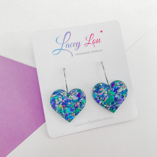 Love Heart Hoop Earrings - Ice Blue Glitter - Lacey Lou Sparkles