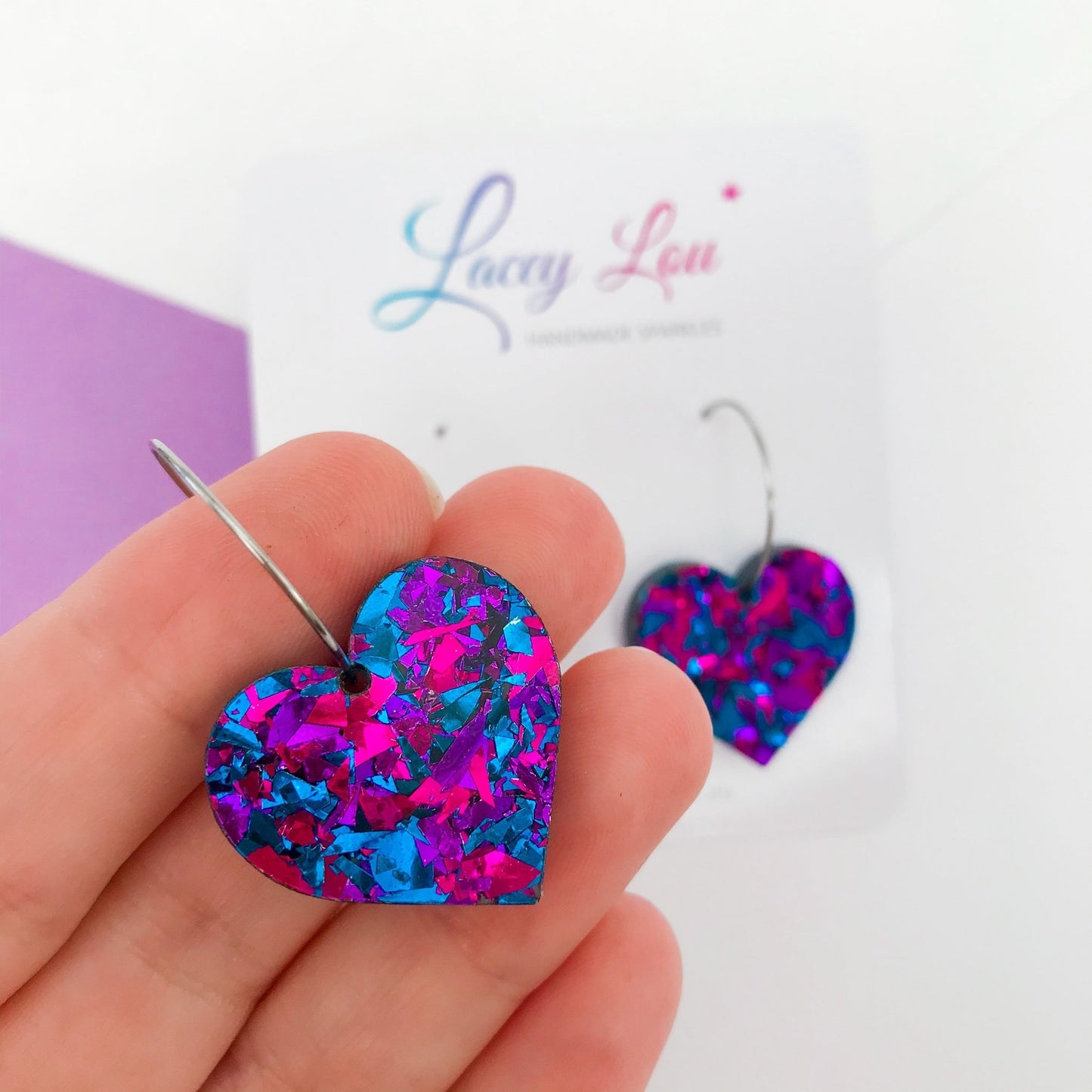 Love Heart Hoop Earrings - Midnight Blue Glitter - Lacey Lou Sparkles