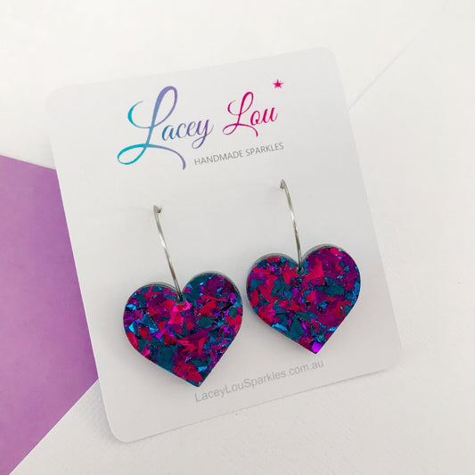 Love Heart Hoop Earrings - Midnight Blue Glitter - Lacey Lou Sparkles
