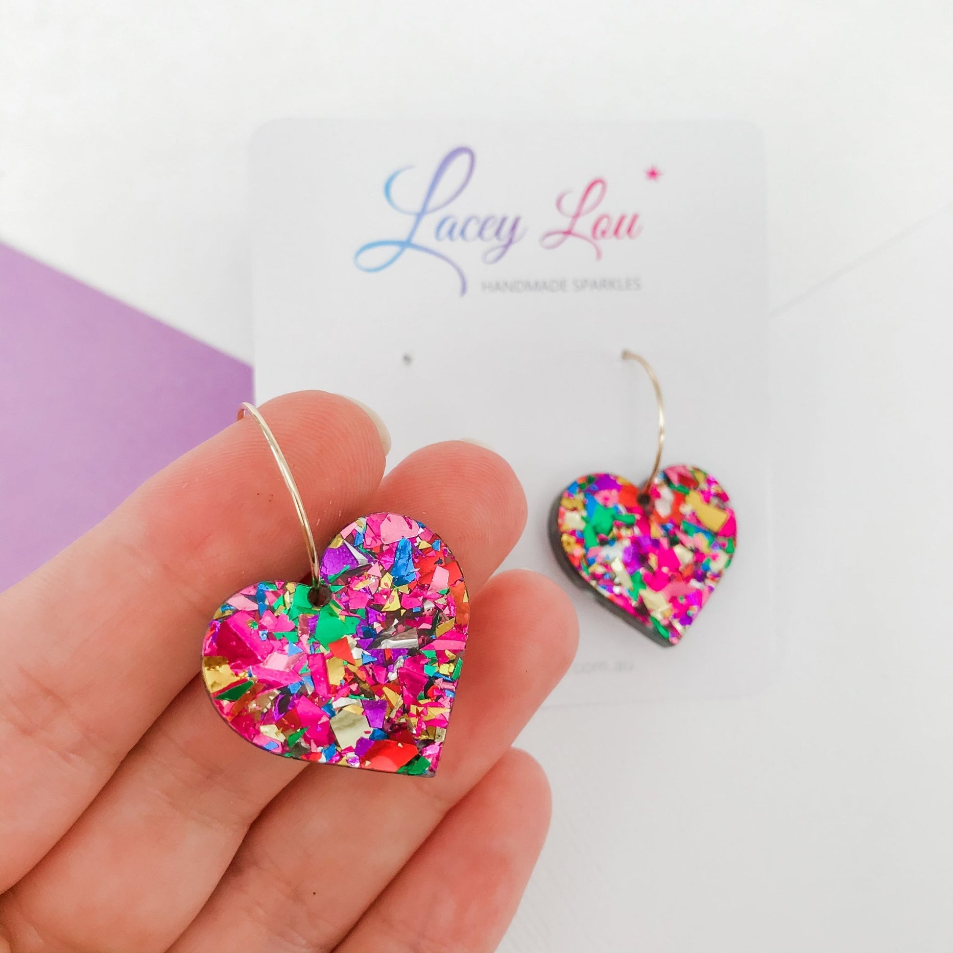 Love Heart Hoop Earrings - Rainbow Glitter - Lacey Lou Sparkles