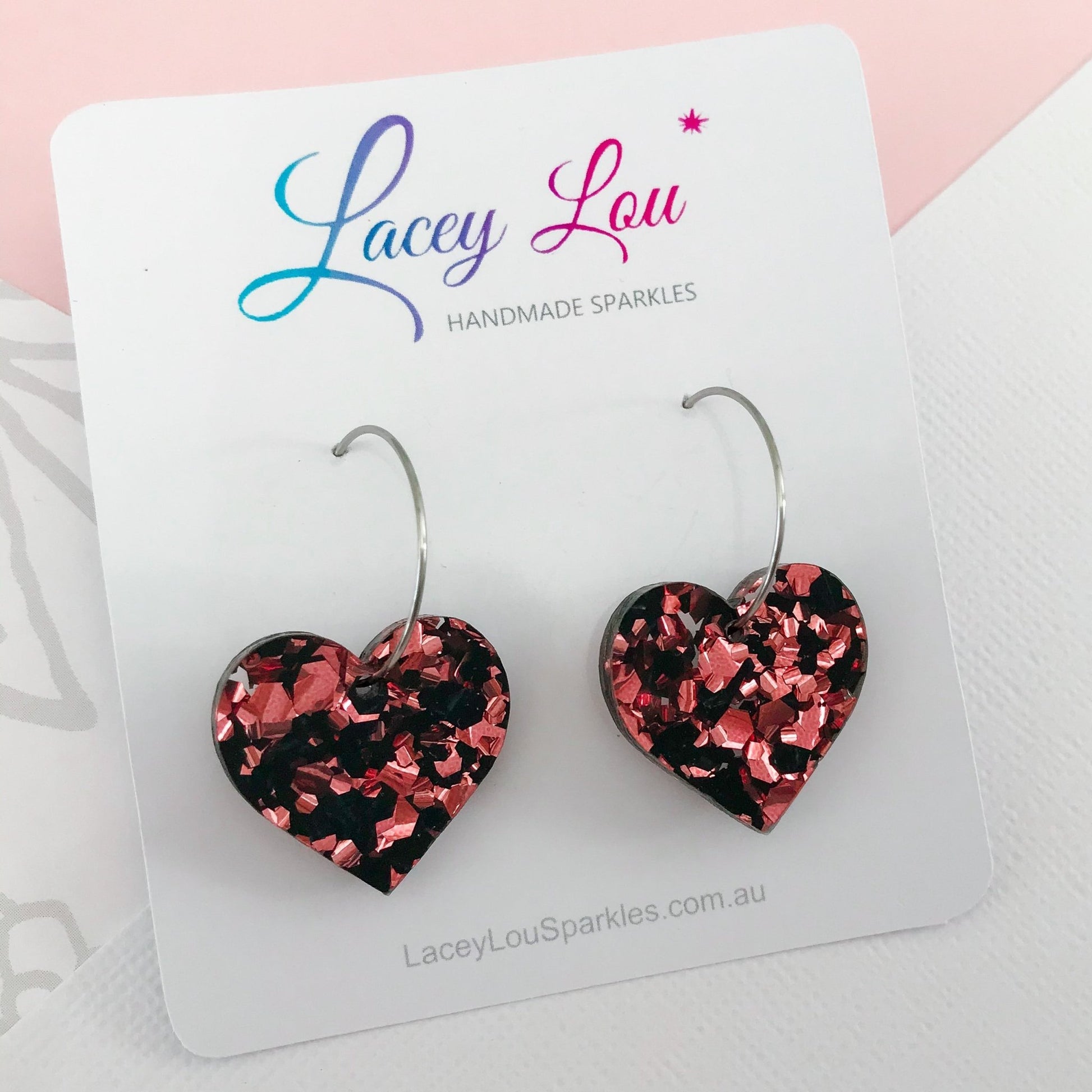 Love Heart Hoop Earrings - Rose Gold and Black - Lacey Lou Sparkles