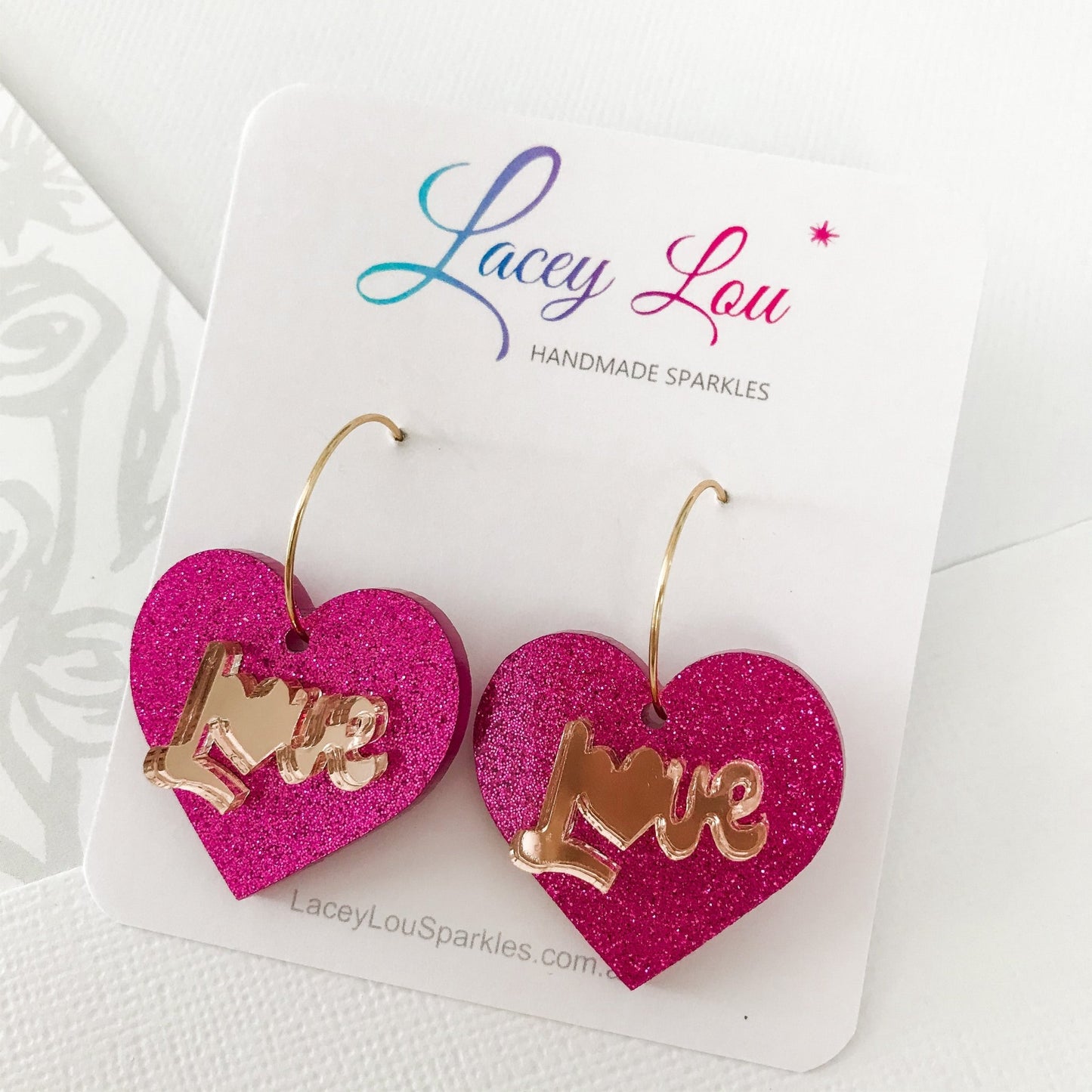 Love Writing Heart Hoops - Fuchsia Glitter - Lacey Lou Sparkles
