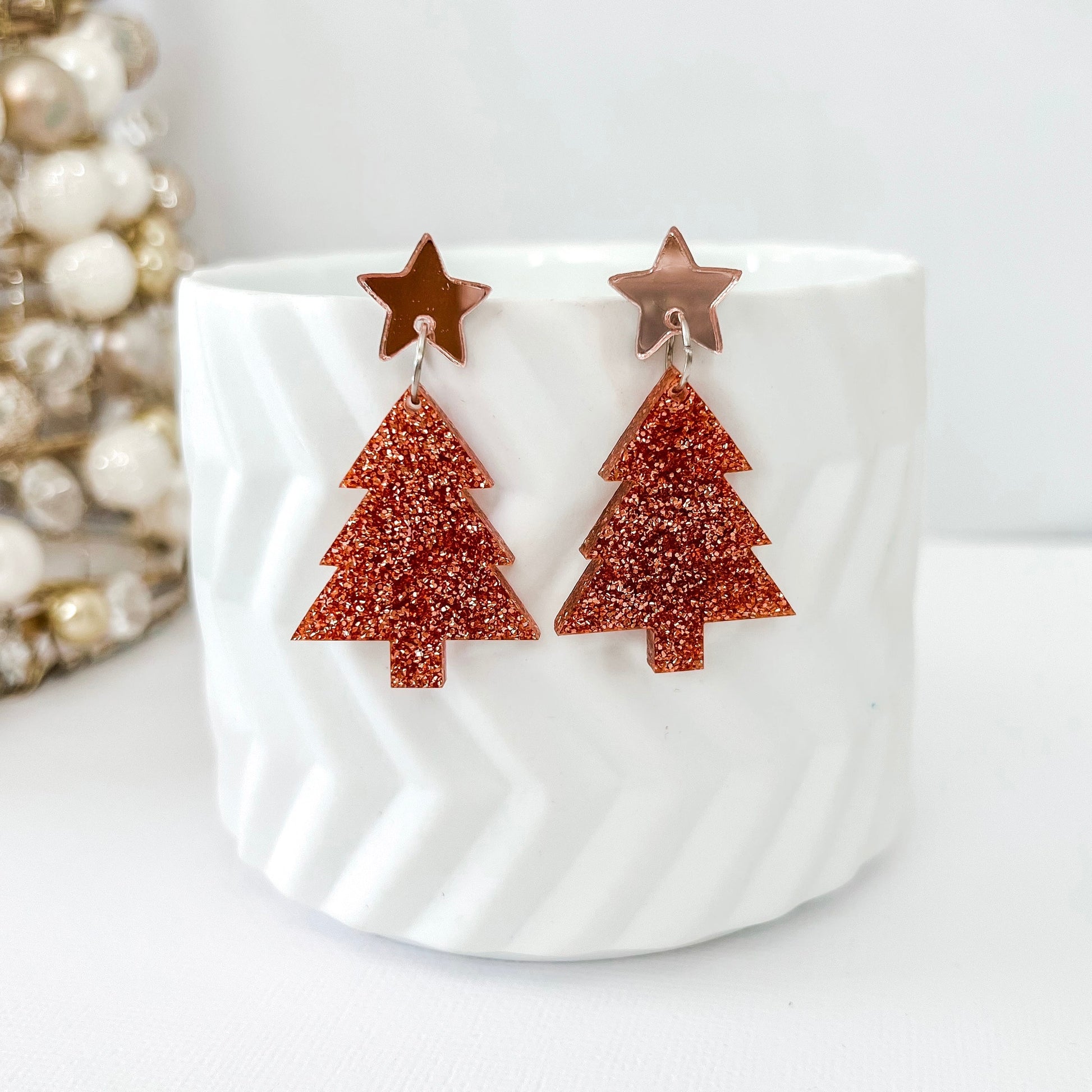 Medium Christmas Tree Dangle Earrings - Dark Rose Gold Fine Glitter - Lacey Lou Sparkles