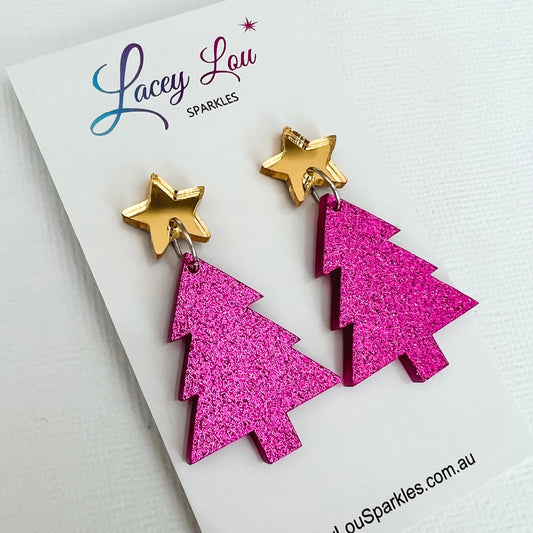 Medium Christmas Tree Dangle Earrings - Fuchsia Fine Glitter - Lacey Lou Sparkles