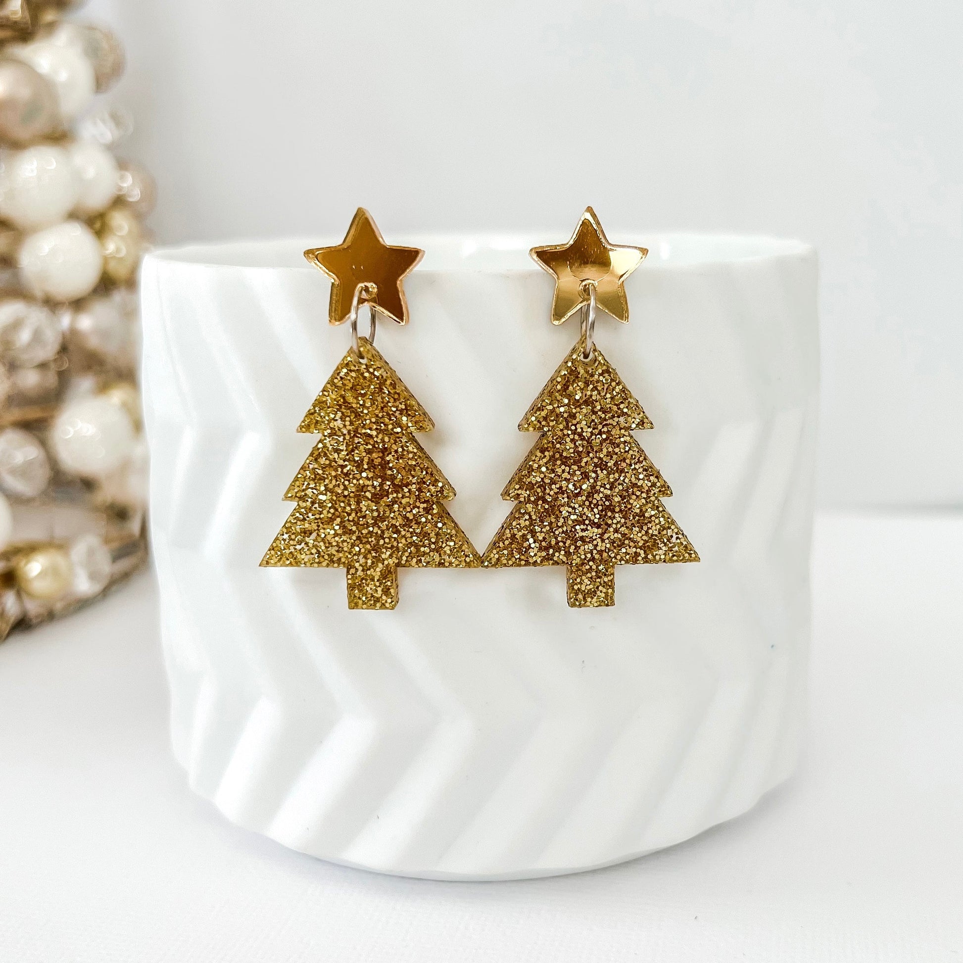 Medium Christmas Tree Dangle Earrings - Gold Fine Glitter - Lacey Lou Sparkles