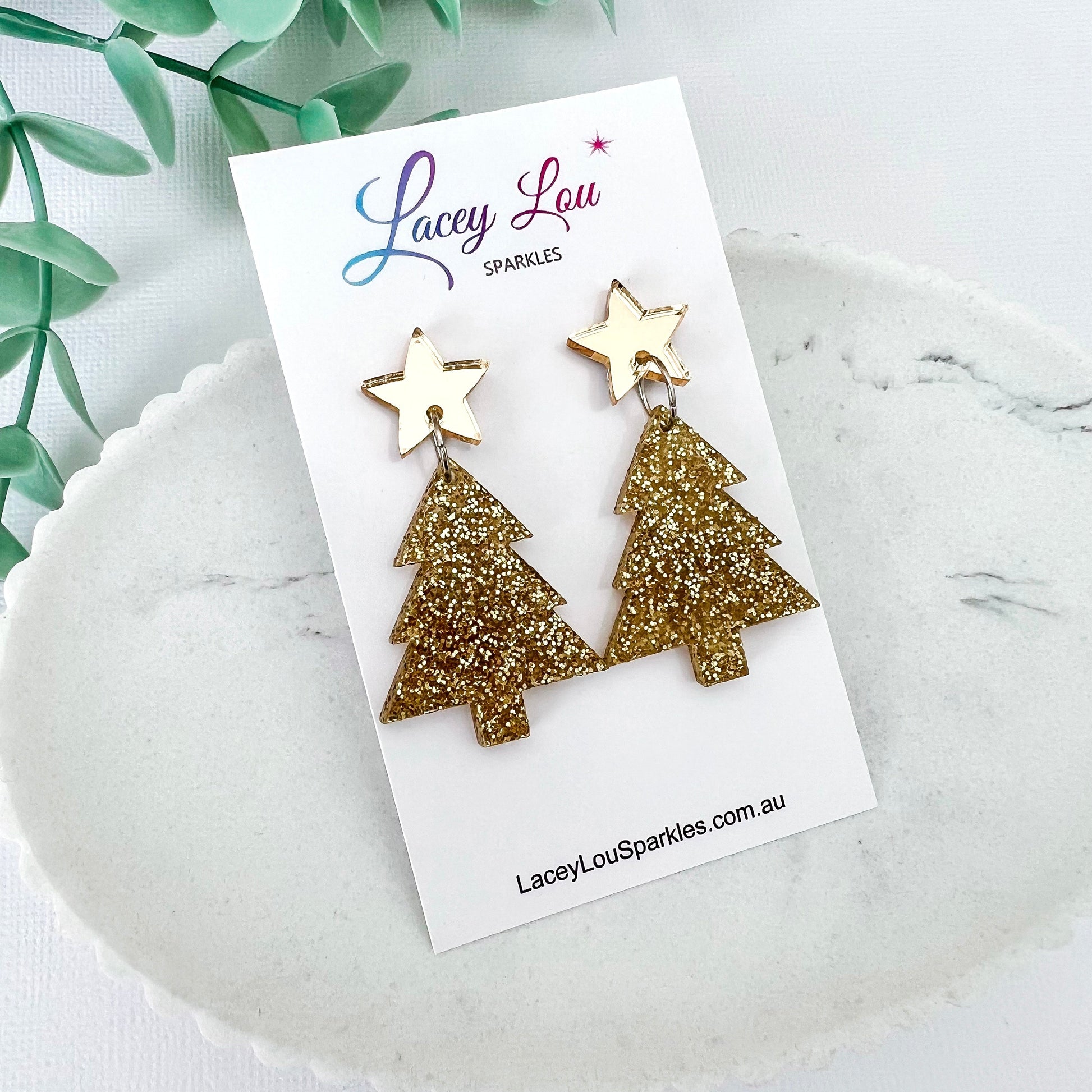 Medium Christmas Tree Dangle Earrings - Gold Fine Glitter - Lacey Lou Sparkles