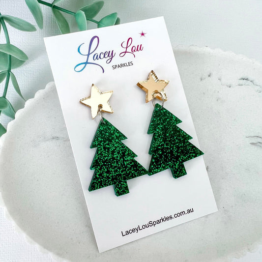 Medium Christmas Tree Dangle Earrings - Green Fine Glitter - Lacey Lou Sparkles
