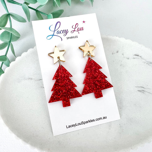 Medium Christmas Tree Dangle Earrings - Red Fine Glitter - Lacey Lou Sparkles