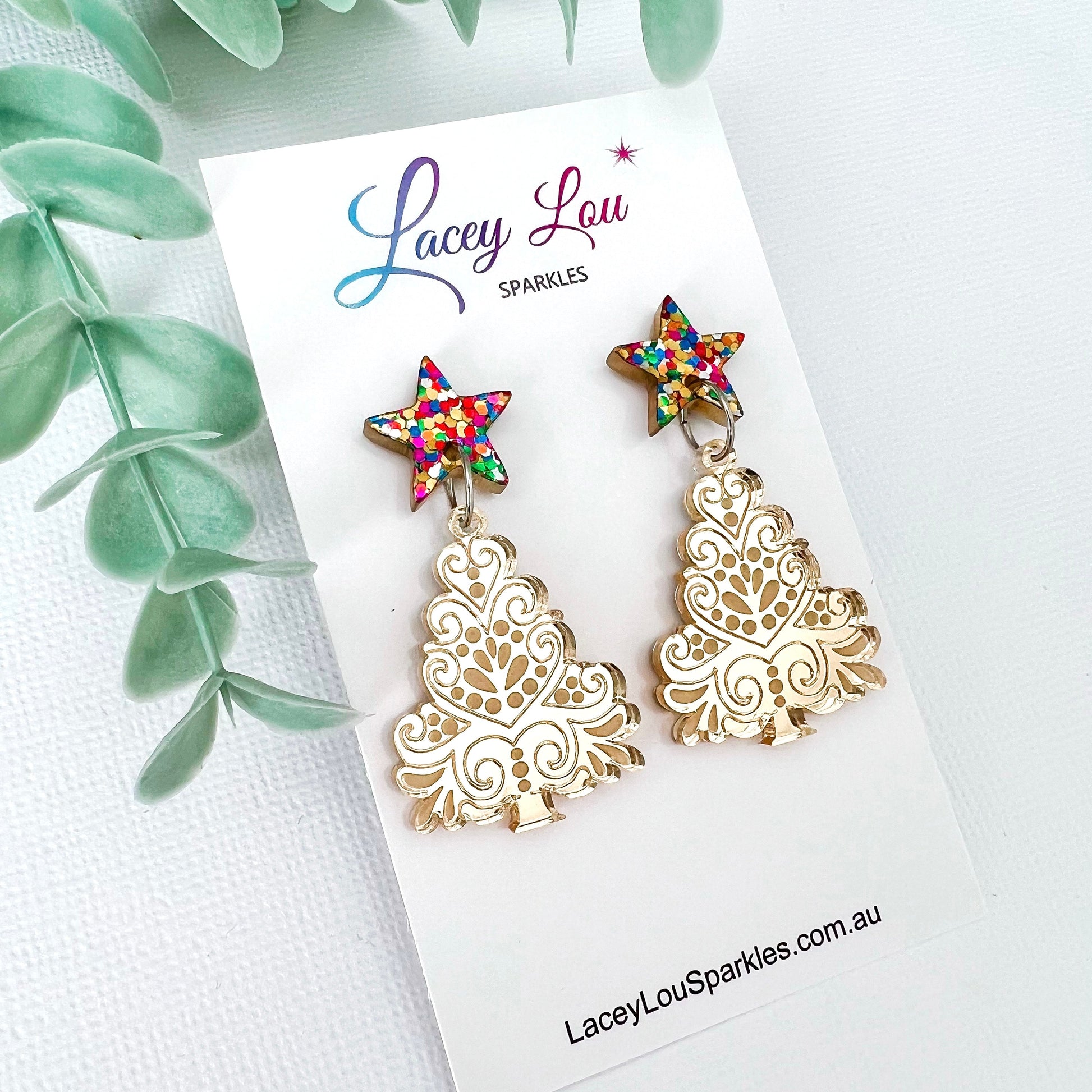 Medium Etched Gold Christmas Tree Earrings - Lacey Lou Sparkles