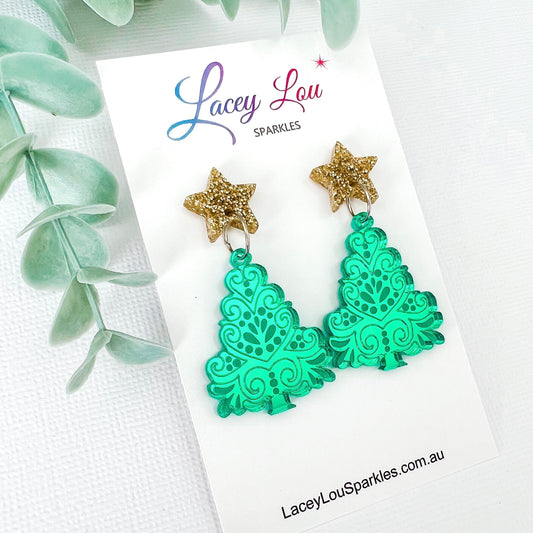 Medium Etched Green Christmas Tree Earrings - Lacey Lou Sparkles