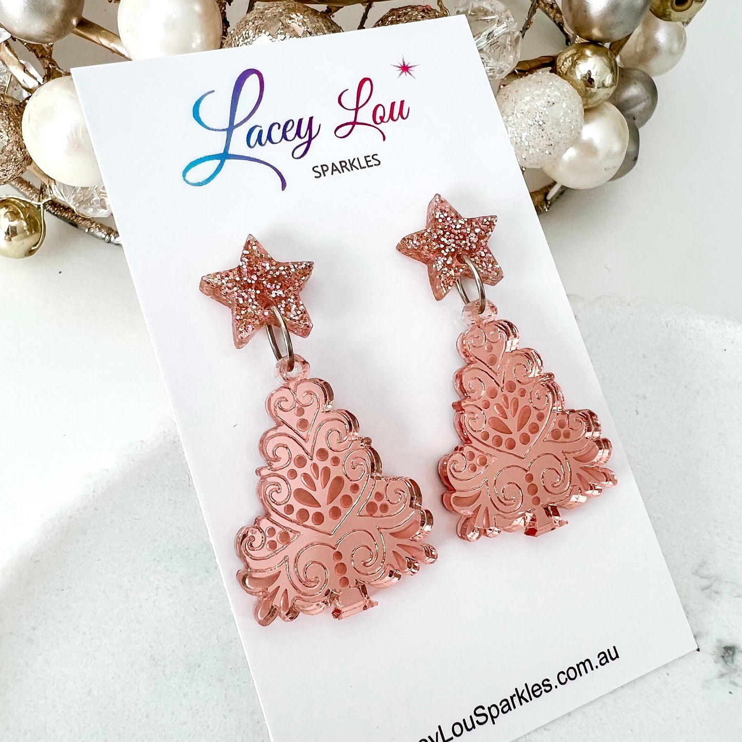 Medium Etched Rose Gold Christmas Tree Earrings - Lacey Lou Sparkles