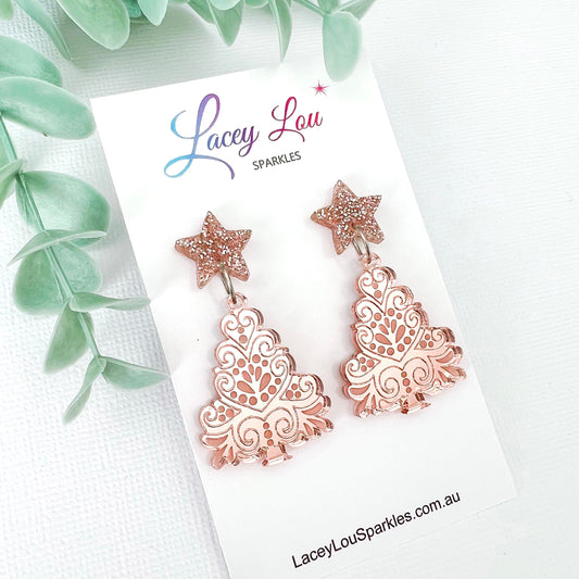 Medium Etched Rose Gold Christmas Tree Earrings - Lacey Lou Sparkles