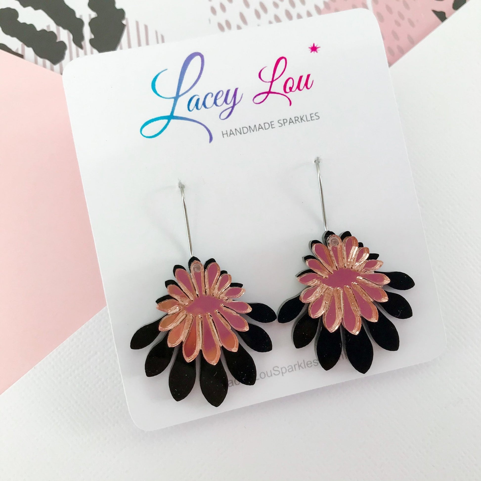 Medium Flower Frill Statement Dangle - Black and Rose Gold - Lacey Lou Sparkles