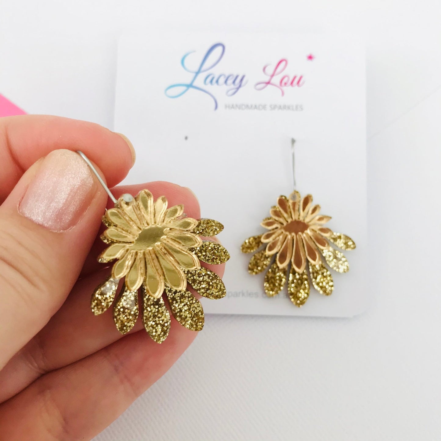 Medium Flower Frill Statement Dangle - Gold Acrylic Earrings – Lacey ...