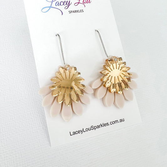 Medium Flower Frill Statement Dangle - Ivory and Gold Acrylic Earrings - Lacey Lou Sparkles
