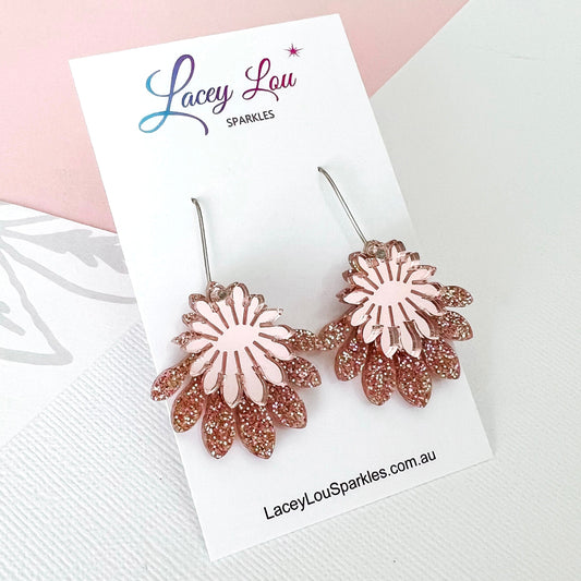 Medium Flower Frill Statement Dangle - Rose Gold Acrylic Earrings - Lacey Lou Sparkles