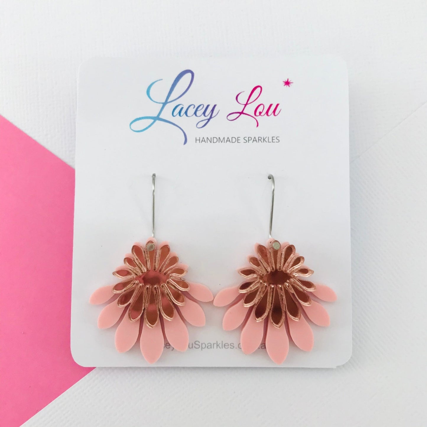 Medium Flower Frill Statement Dangle - Rose gold and pink - Lacey Lou Sparkles
