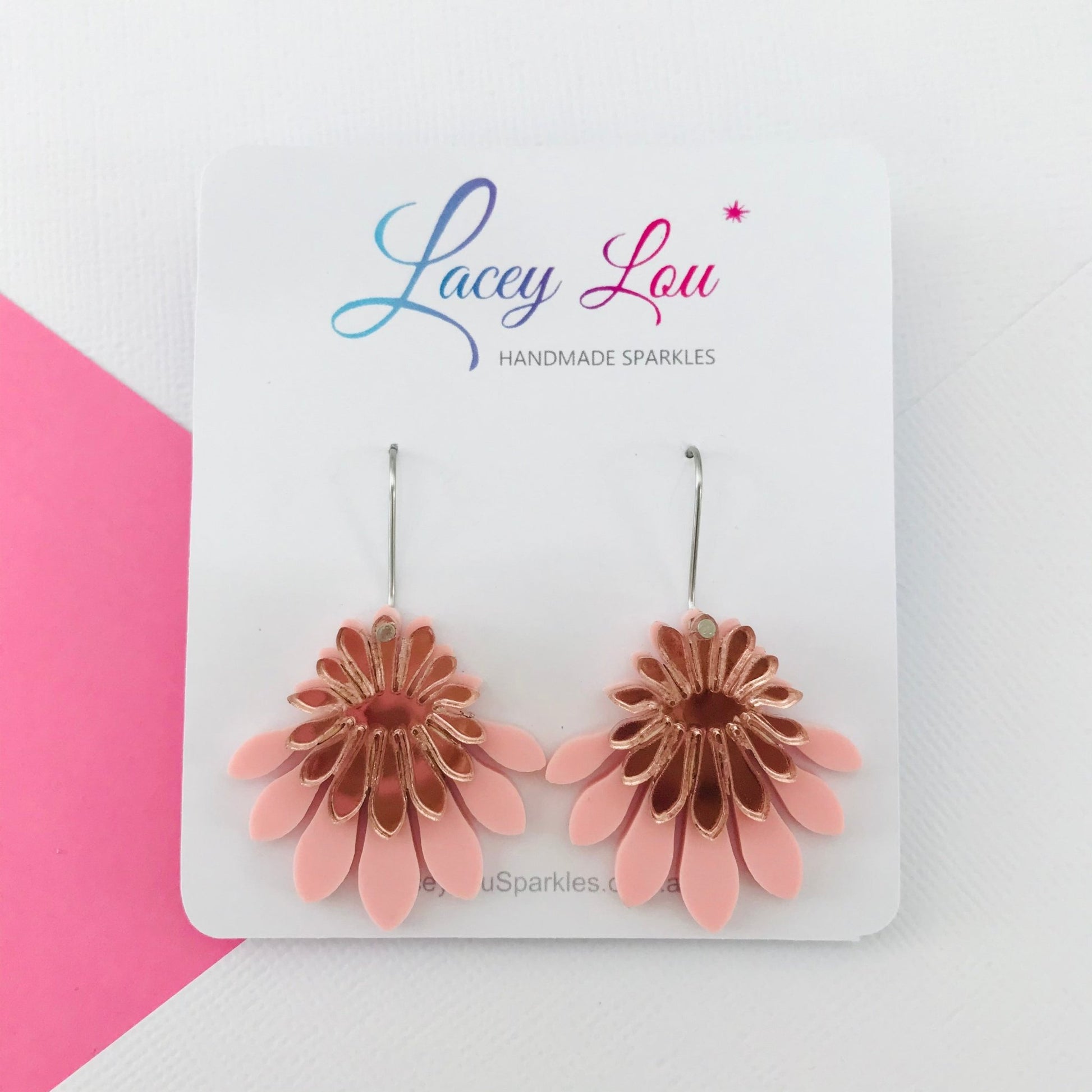 Medium Flower Frill Statement Dangle - Rose gold and pink - Lacey Lou Sparkles