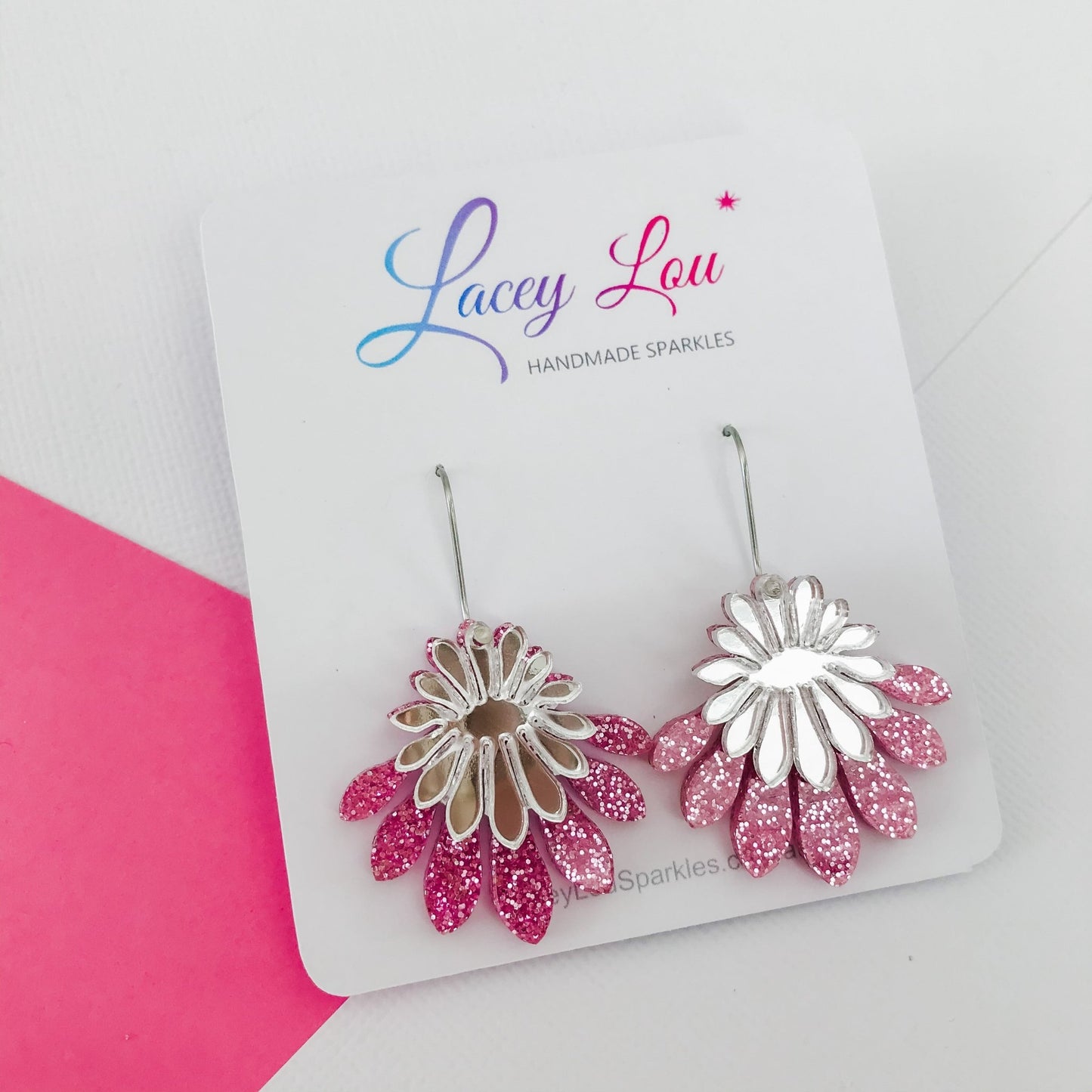 Medium Flower Frill Statement Dangle - Silver and pink glitter - Lacey Lou Sparkles