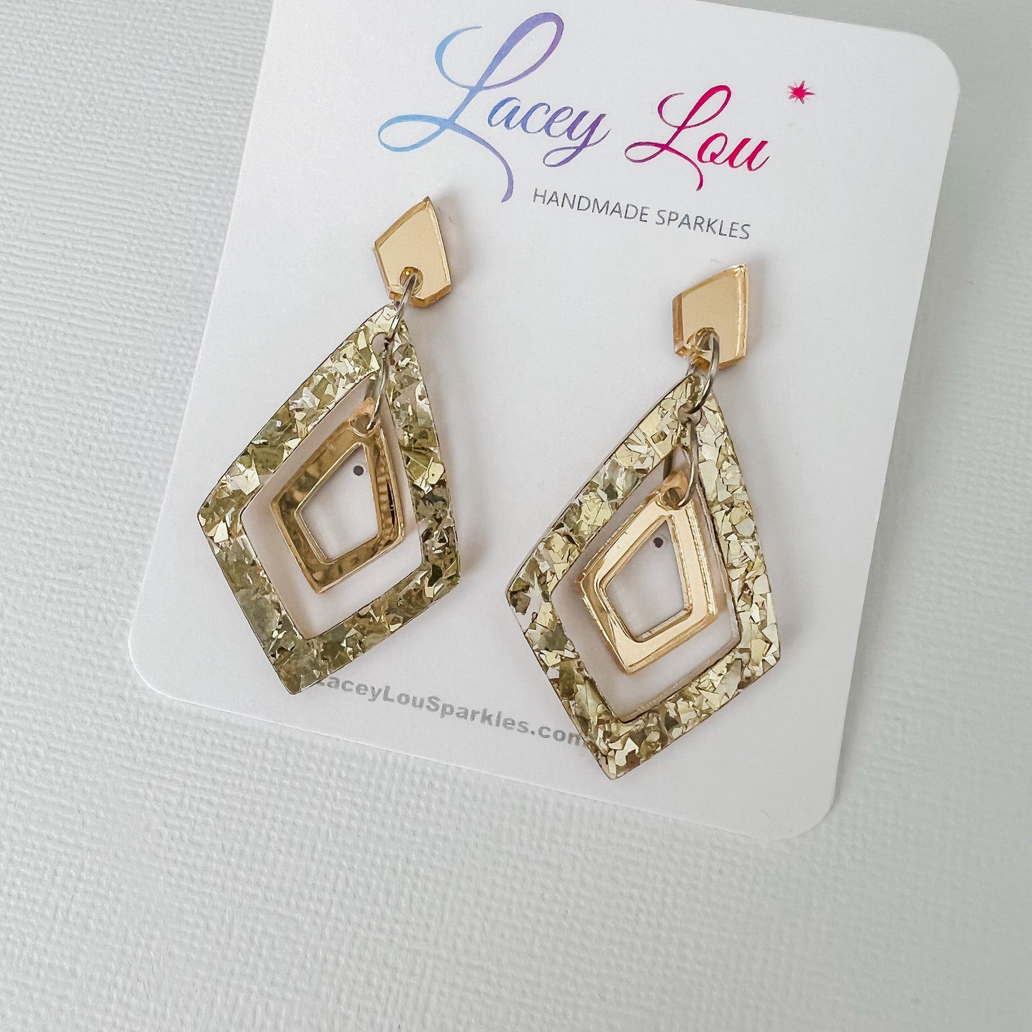 Medium Golden Abstract Dangle Acrylic Earrings - Lacey Lou Sparkles