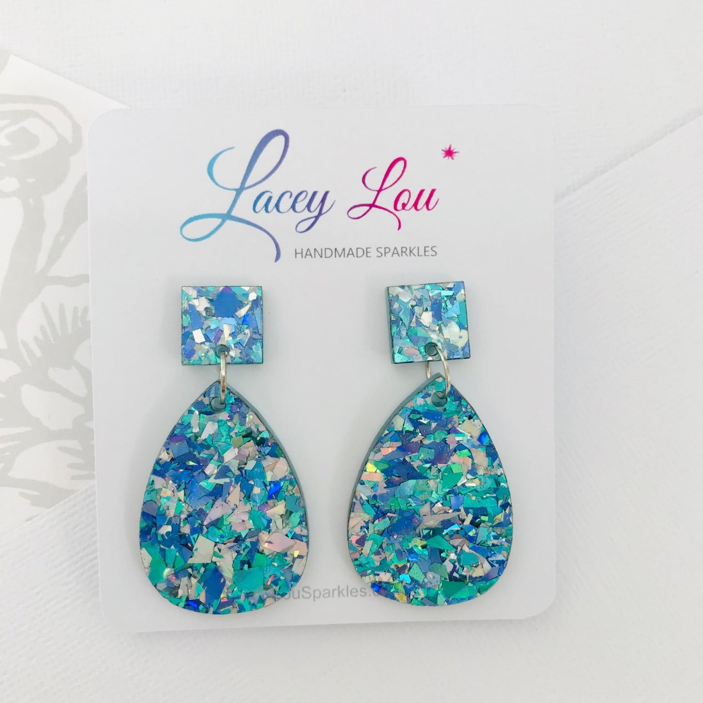 Medium Teardrop Dangle - Ice Blue Glitter Acrylic Earrings - Lacey Lou Sparkles