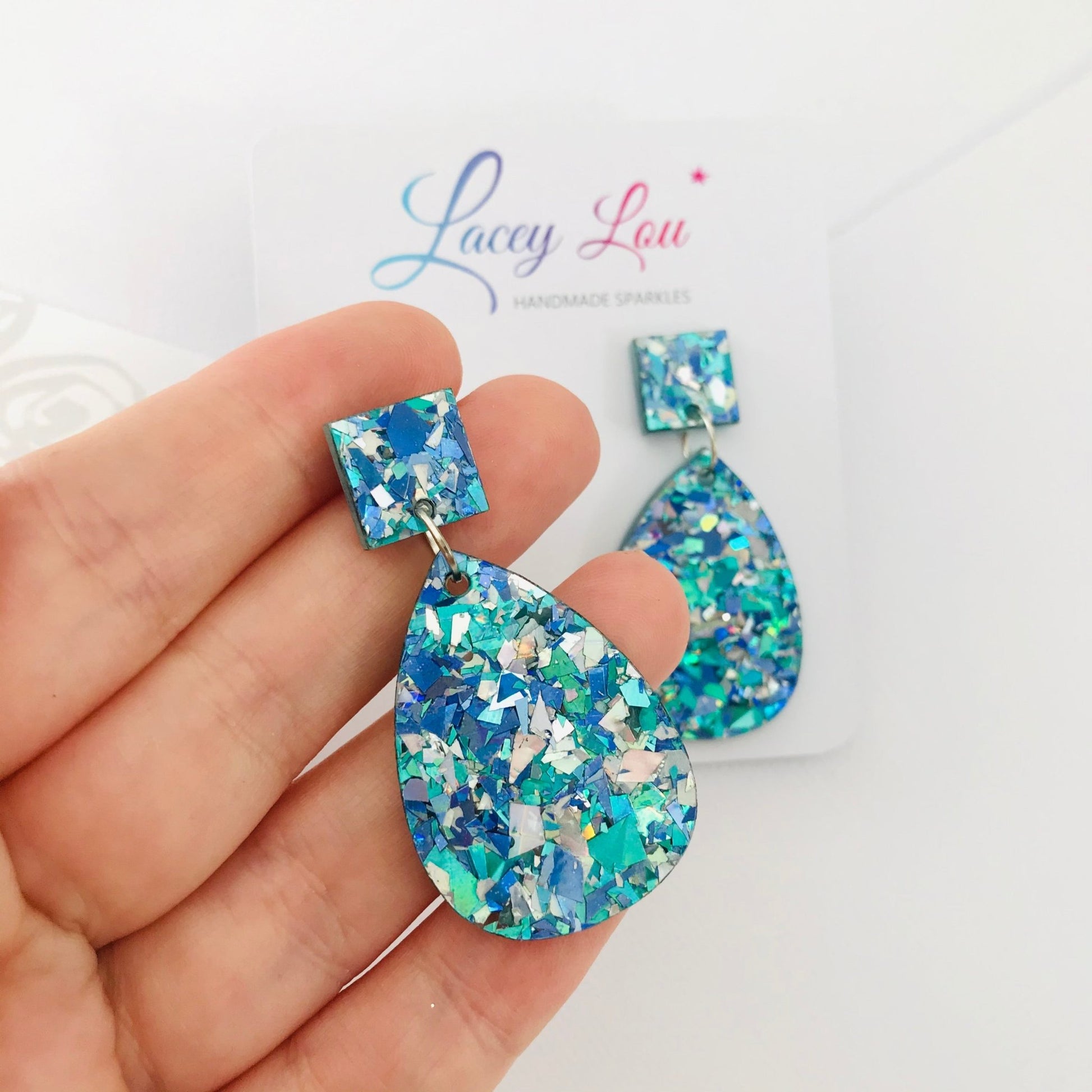 Medium Teardrop Dangle - Ice Blue Glitter Acrylic Earrings - Lacey Lou Sparkles